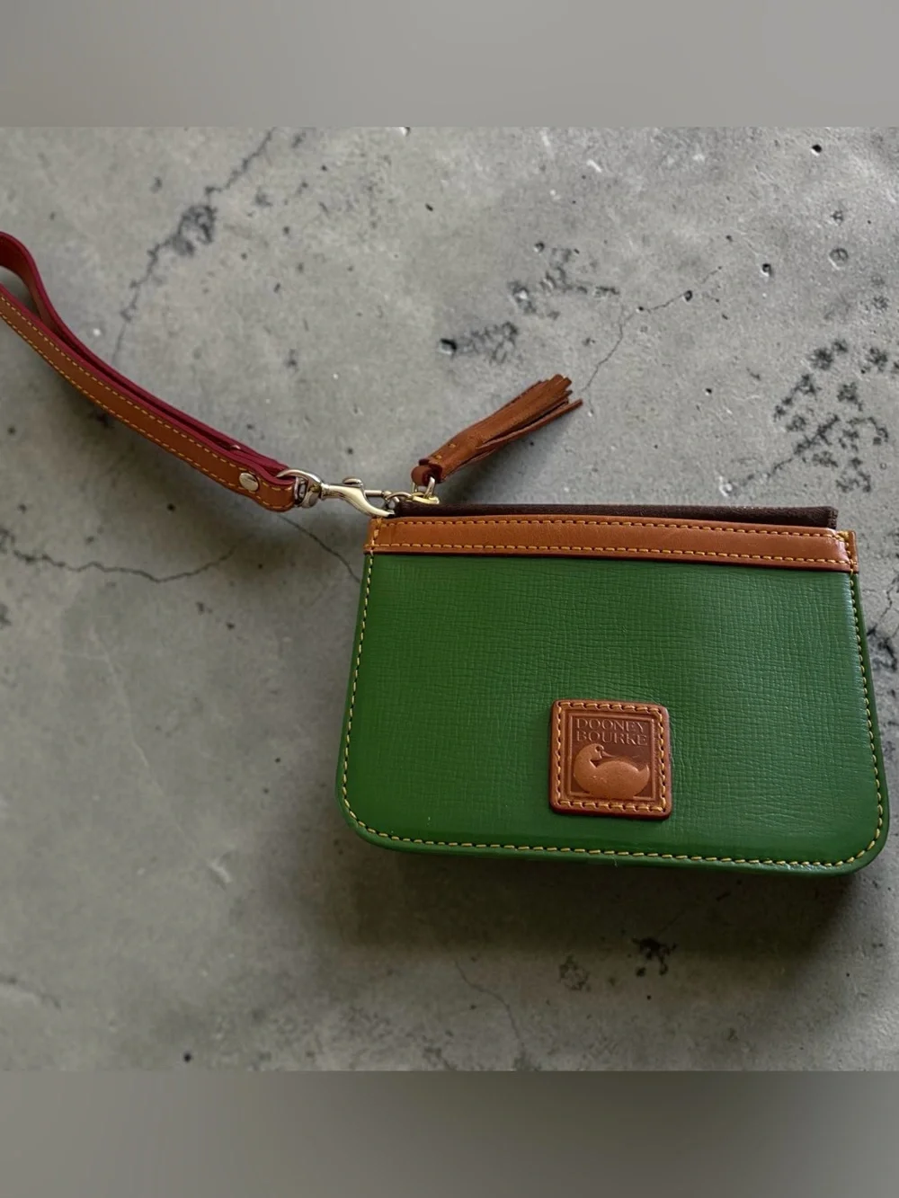 Dooney & Bourke Green Pebble Grain Leather Wristlet with Brown Trim
